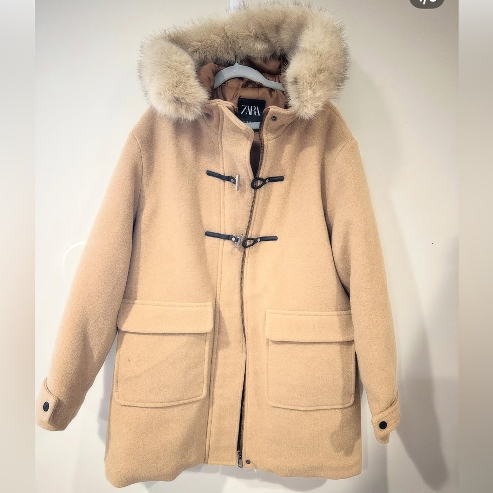 Kids Zara camel Toggle Coat with Faux Fur Hood -NWOT